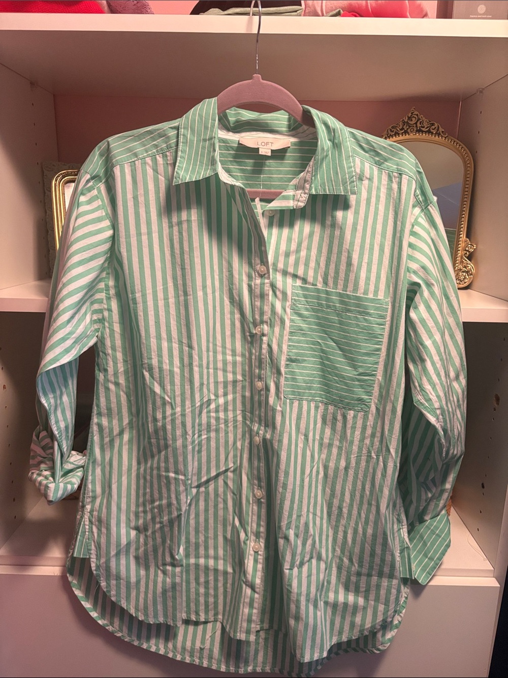 LOFT Mint Green & White Striped Button-Down Shirt with Chest Pocket